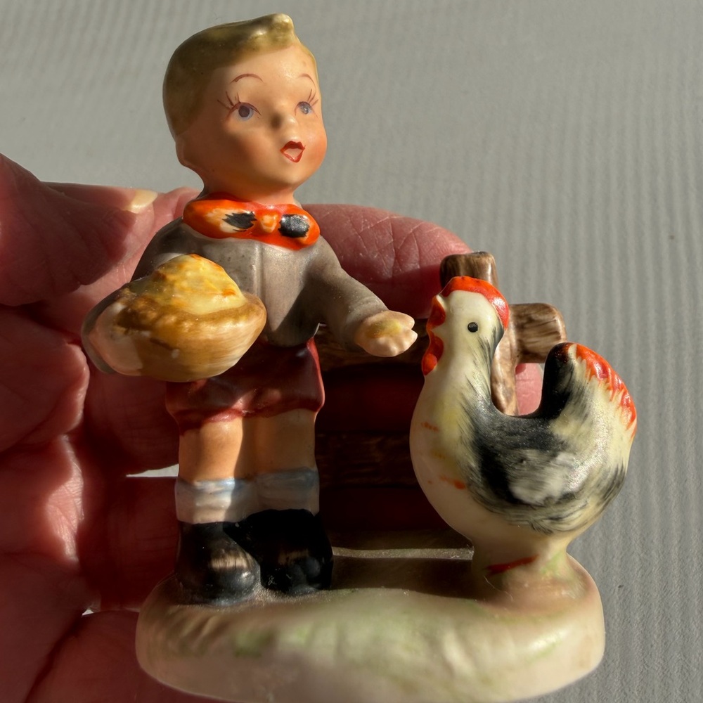 Vintage Nippon Yoko Boeki Co Boy Feeding Chicken 1950s Hummel Inspired Japan